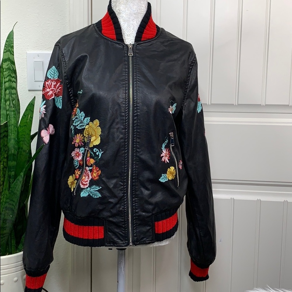 Groovy monkey floral M black faux leather jacket
